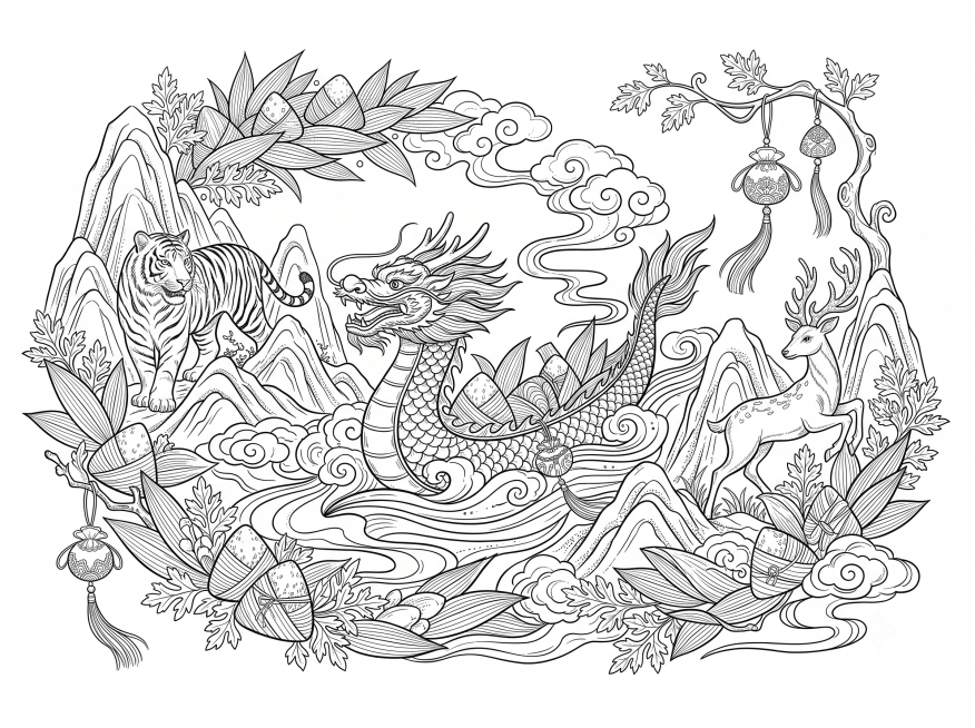 森系白描端午主题图，包含粽叶、龙、云纹、山水、艾叶、香囊、老虎、鹿元素，设计感强烈，背景为白色，白描线条风格预览效果