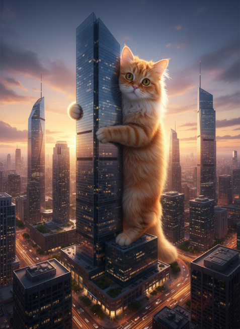 在现代化高楼林立的城市里，主体一只巨大的橘猫抱着一栋大厦，橘猫的身体与大厦一样大，巨物感，超现实主义预览效果