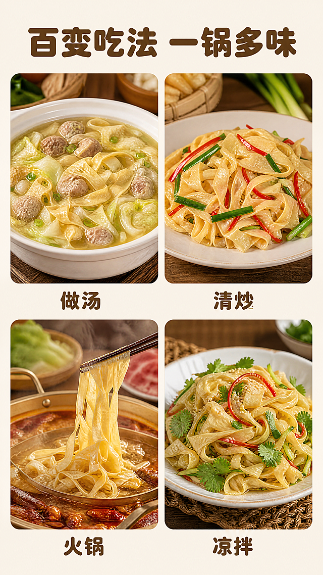 [第5屏] 多种食用吃法展示-罗山铁铺豆油皮多样吃法。本屏使用【图1】作为汤煮成品参考。
[氛围/风格] 家常食欲感，温馨厨房餐桌场景，暖光氛围，真实美食摄影质感。
[元素布局] 采用2×2圆角四宫格布局，四个格子分别展示四种吃法：左上豆油皮丸子汤（参考图1成品效果），右上清炒豆油皮，左下火锅涮豆油皮，右下凉拌豆油皮。每种吃法豆油皮的颜色和质地和原图保持一致，四宫格之间用浅米色留白间隔，顶部放置大标题。四宫格占据画面约75%主体区域。
[光影质感] 每个格子都采用柔和暖光，突出成品菜肴的食欲感，豆油皮在汤汁里保持通透薄韧质感，整体光线均匀自然。
[配色色系] 全局底色：#F5F0E6（浅米黄）；主体配色：依据不同菜肴自然配色，保留豆油皮暖黄色；辅助色：#61481C（文字深棕）。
[视角构图] 每个格子采用平视或微俯视视角，展示成品菜肴完整样貌，整体排版整齐清晰，符合移动端浏览。
[文字版式] 顶部大标题「百变吃法 一锅多味」，每个格子下方标注吃法名称：「做汤」「清炒」「火锅」「凉拌」。字体沿用圆角粗黑体，字色保持深棕色，纯色填充；大标题字号占画面宽度8%，吃法名称字号约为标题35%，文字排版清晰不遮挡菜品主体。
[比例分辨率] 9:16竖版比例，4K分辨率，文字清晰可辨，超高清。
[负向提示词] 菜品变质，颜色怪异，豆油皮形状错误，文字错乱，水印，格子变形，背景杂乱。