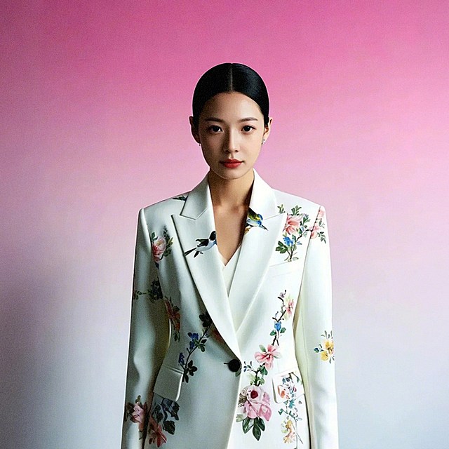 一个女生，花鸟图案白色西服，粉白渐变背景