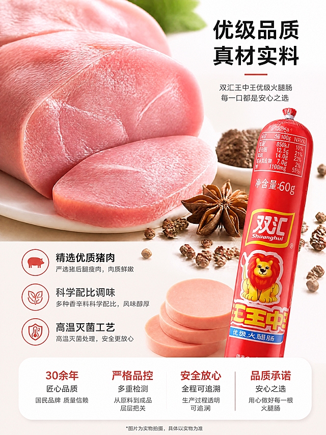 [第2张] 详情页成分品质页-双汇王中王优级火腿肠原料与品质展示。本张使用【图1】作为产品包装辅助展示。
[氛围/风格] 真实食材感+品质信任感，商业摄影微距质感，干净高级。
[元素布局] 画面上半部分大面积展示新鲜猪瘦肉微距特写，肉质纹理清晰粉嫩，占画面约50%；中间穿插香料（八角、花椒）与少量火腿肠切片；右侧放置一根完整火腿肠包装作为产品识别，占比约25%；底部为品质信息区。原料元素大且占主画面，突出真材实料。
[光影质感] 顶部柔光均匀打亮肉质表面，呈现粉嫩光泽与肌理感，阴影柔和，整体干净透亮。
[配色色系] 全局底色 #FAFAFA 浅灰白；主色 #D62828 品牌红；辅助色 #F8E16C 浅黄、肉粉色。
[视角构图] 俯视+微距结合，阅读动线从上到下：原料微距 → 产品 → 品质文案。
[文字版式] 右上区域主标题「优级品质 真材实料」，粗黑体；下方三条品质说明配小图标：「精选优质猪肉」「科学配比调味」「高温灭菌工艺」。底部横向品质承诺条，字色深红+深灰，圆角黑体与全套统一。
[比例分辨率] 3:4 竖版比例，4K 分辨率，文字清晰可辨，高清画质。
[负向提示词] 产品变形，包装文字错误，颜色偏差，水印，文字过小，肉质发黑发暗，背景杂乱，虚假认证标识。