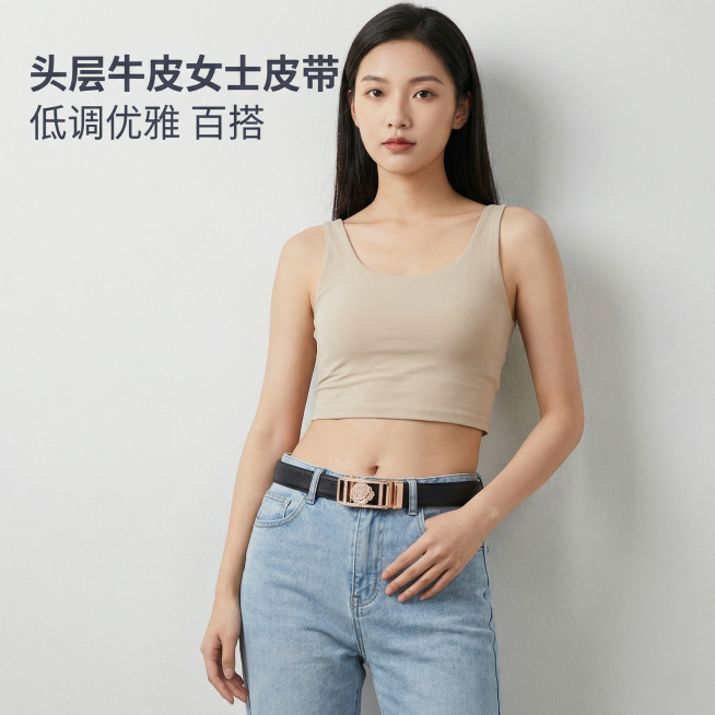 [主图 1] 头层牛皮女士皮带首图展示
[氛围/风格] 简约高端风格，专业棚拍，柔和时尚摄影光，高级品质感。参考图3的简约构图和穿搭展示逻辑。
[画面元素] 产品是黑色头层牛皮女士皮带，自动扣，带钻玫预览效果