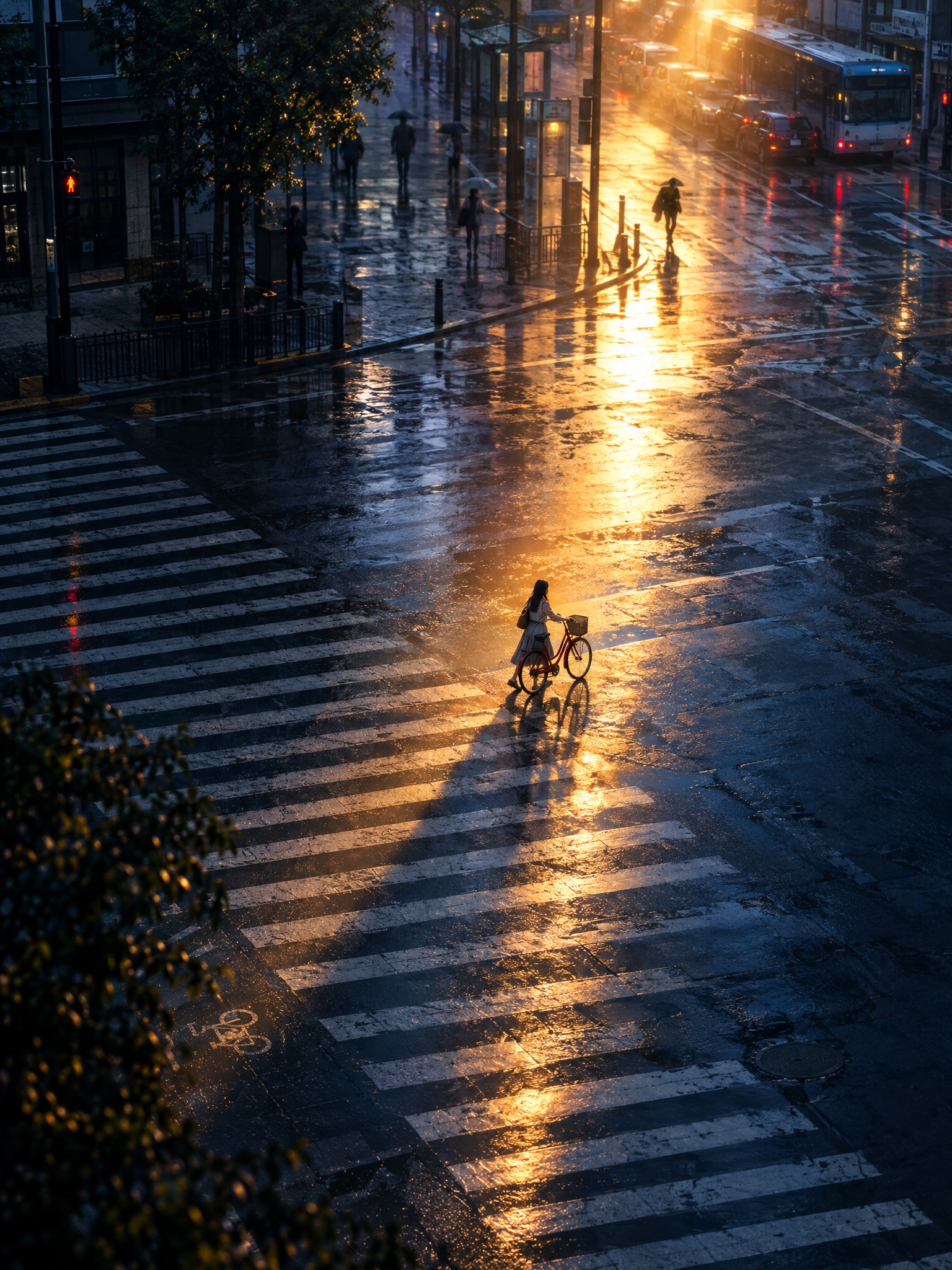 竖版电影静帧，3:4。黄昏雨后的城市十字路口，从高处俯视宽阔的… - 图片创意预览
