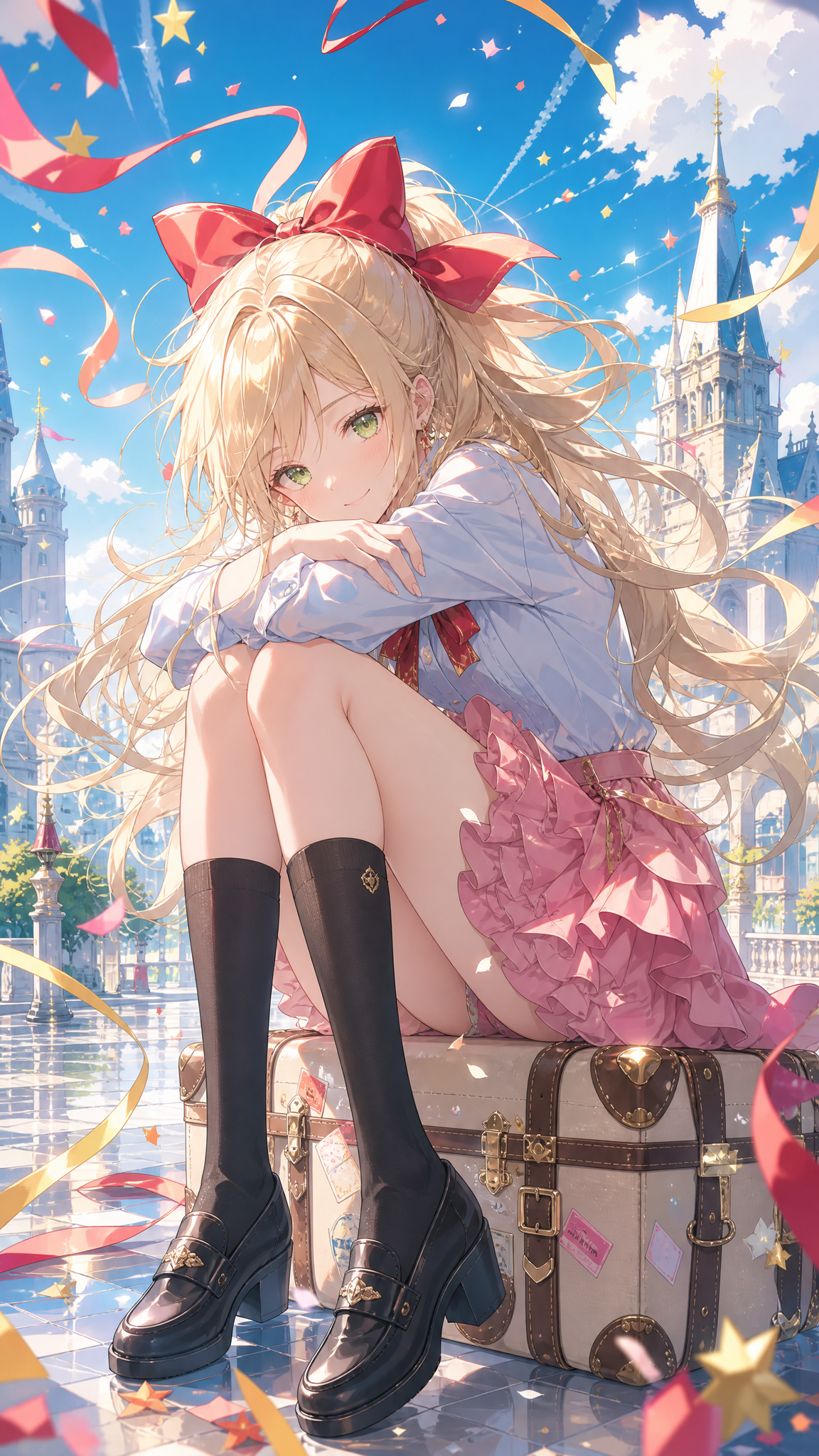 日系二次元精致插画，金发少女，红色大蝴蝶结，碧绿眼眸，长发飞扬… - 图片创意预览