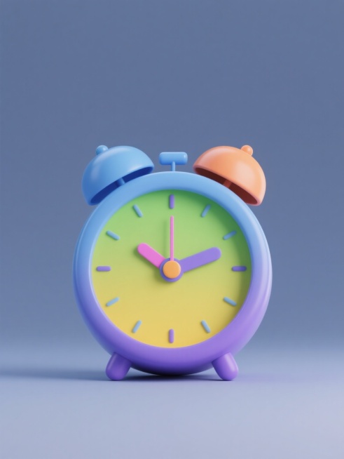 3D风格，简约现代设计的闹钟，规整排布，单一闹钟图案，纯色背景，无任何文字，无logo，无水印，闹钟主体为[此处可替换为不同颜色，如蓝色、绿色、黄色、紫色、橙色、粉色等]，搭配[与主体颜色协调的对比色]的铃铛和指针，圆形表盘，清晰的刻度，圆润的边角，立体感强，高光柔和，阴影细腻，整体造型简洁可爱。预览效果