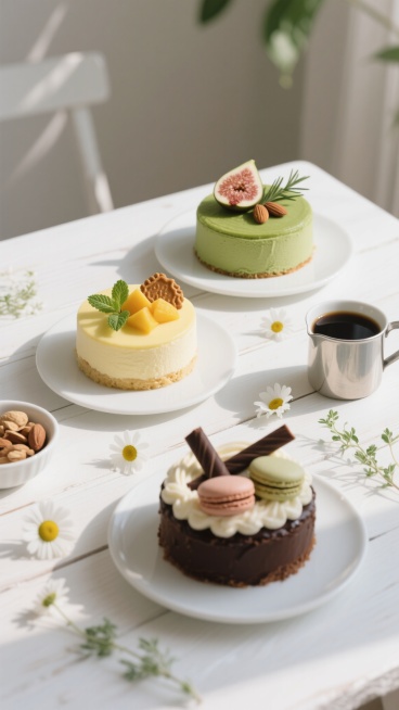 明亮自然光线下的精致下午茶场景，白色木质桌面上摆放着三款不同口味的圆形小蛋糕：抹茶绿色蛋糕顶部装饰有无花果片、杏仁和新鲜迷迭香，淡黄色蛋糕点缀着薄荷叶、焦糖饼干和芒果块，深棕色巧克力蛋糕配以奶油、巧克力棒和马卡龙；蛋糕旁散落着白色小雏菊和细叶香草，左侧有一小碗浅棕色坚果，右侧放置一杯黑咖啡和银色奶罐，整体采用柔和清新的色调，光影柔和细腻，构图呈现自然的生活美学，营造温馨治愈的氛围。预览效果