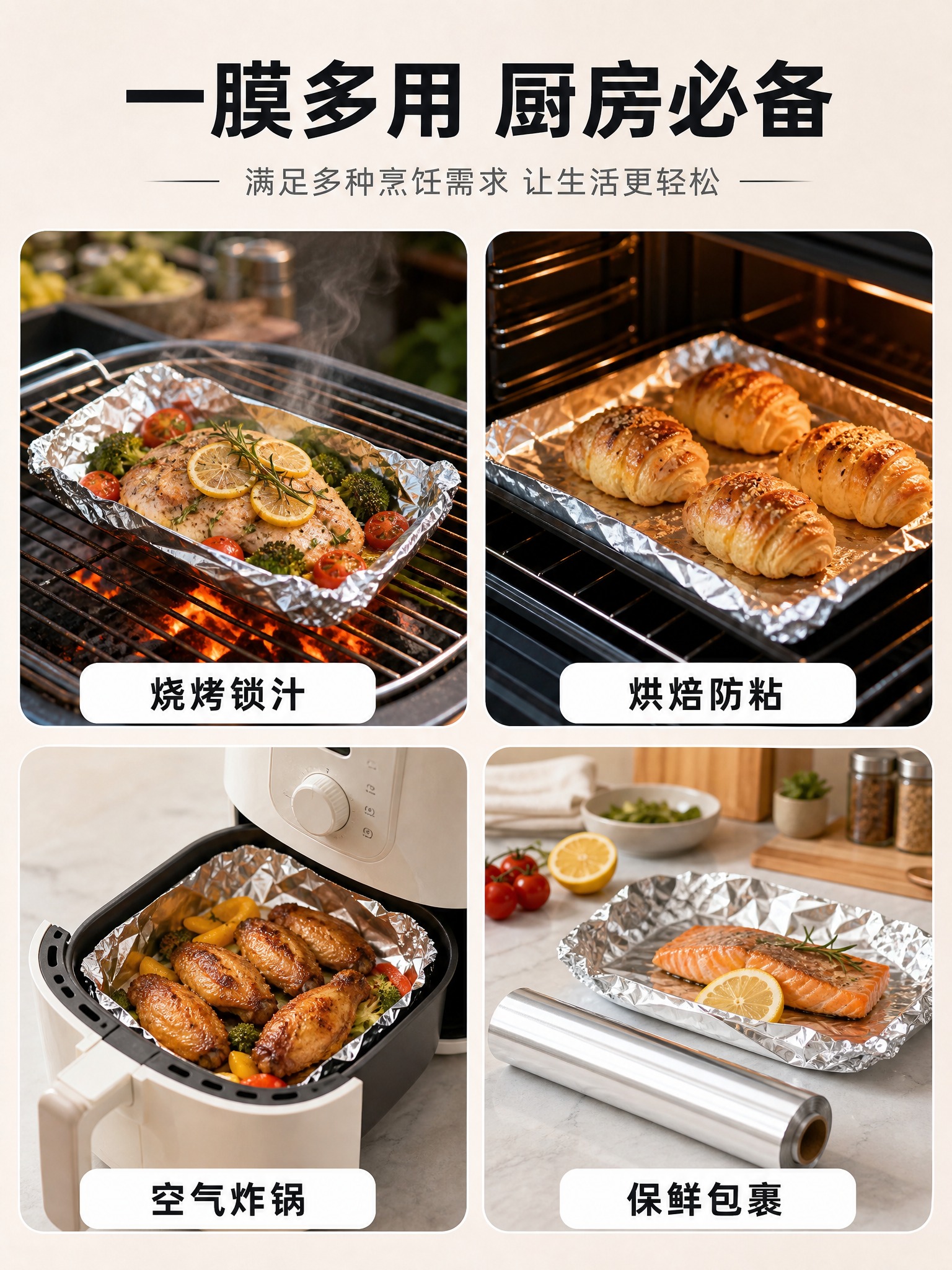 [主图-4] 多场景使用展示图，展示锡纸在烧烤、烘焙、烤箱、空… - 图片创意预览