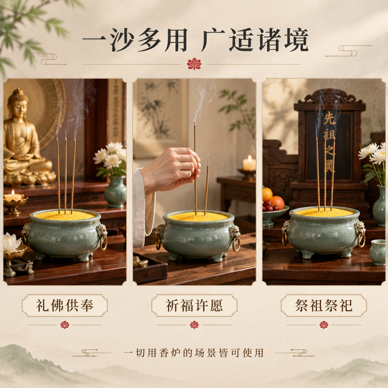 [主图-4] 多场景适用展示图，说明金玉明沙适用于礼佛、祈福、… - 图片创意预览