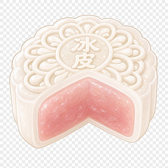 保持与参考图完全一致的卡通插画风格、月饼大小、四分之一切开角度、花纹样式和透明背景。将月饼改为冰皮口味：顶部花纹中央写有'冰皮'二字，外皮为奶白色半透明的冰皮，表面有晶莹剔透的光泽感，看起来软糯Q弹，切开处可见淡粉色的内馅，冰皮质地通透有弹性，Q版可爱风格，高清细节