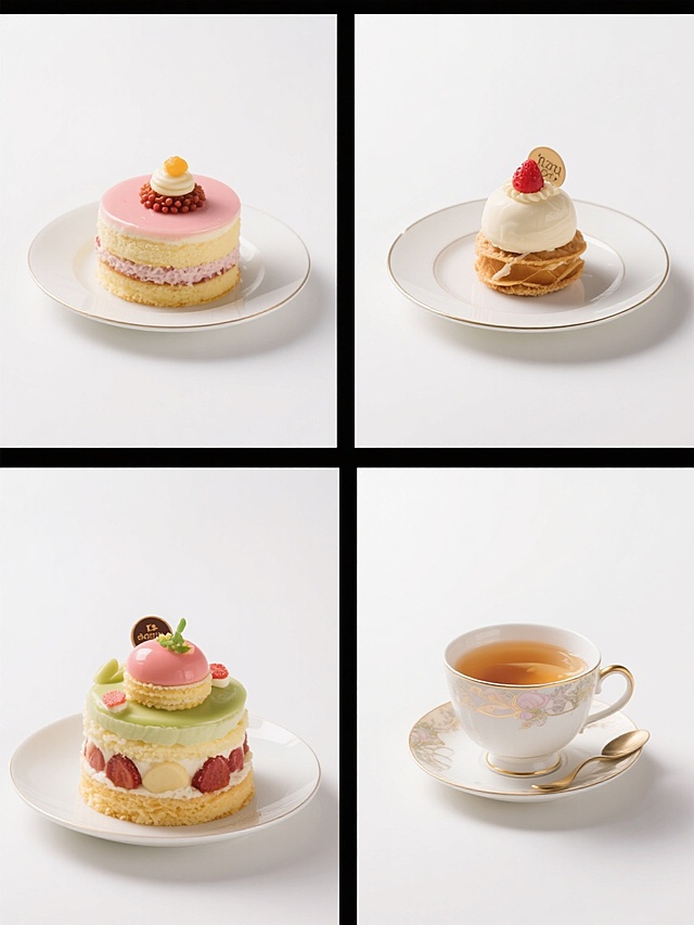 纯白纯色背景，四个完全不同的下午茶元素内容以规整排布方式组成的系列素材集合，每个元素均保持高清写实摄影风格，明亮柔和的顶光照明，突出食物的细腻质感与鲜艳色彩，精致的甜点层次丰富，表面装饰细节清晰可见，整体构图平衡对称，具有高端美食摄影的视觉吸引力，每个下午茶元素类目明确且各具特色，包括不同种类的蛋糕、甜点、饮品等，保持统一的奢华精致氛围与视觉语言。