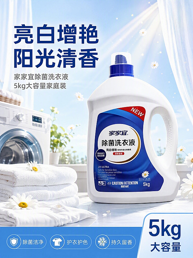 [第1张] 详情页头图主视觉-家家宜除菌洗衣液5kg新品宣传海报。本张使用【图1】作为商品主体。
[氛围/风格] 清新阳光洁净风，明亮通透，商业摄影质感，温馨家居氛围，蓝白主色调。
[元素布局] 洗衣液瓶置于画面右侧中部，占比约55%-60%，瓶身结构、颜色、标签文字与输入产品图完全一致；左侧为阳台洗衣场景，白色洗衣机半入镜，阳光从窗户洒入形成光束，空中漂浮白色小雏菊和阳光粒子；前景有叠放整齐的洁白毛巾和衣物，体现亮白效果；背景为浅蓝渐变天空+白色纱帘，整体层次丰富。
[光影质感] 右上方自然光主照明，左侧柔和补光，瓶身有自然高光和通透感，底部柔和投影，整体明亮干净。
[配色色系] 全局底色 #E8F4FF 浅蓝渐变；主色深蓝 #1A5FB4、白色；辅助色阳光黄 #FFD93D、雏菊点缀。
[视角构图] 正面微仰视，产品为视觉中心，阅读动线左上标题 → 右侧产品 → 底部信息条。
[文字版式] 左上标题区 + 右侧产品 + 底部信息条。主标题「亮白增艳 阳光清香」，黑体加粗深蓝色；副标题「家家宜除菌洗衣液 5kg大容量家庭装」，灰色小字；底部左侧三个卖点胶囊「除菌洁净」「护衣护色」「持久留香」，右下角标注「5kg 大容量」。文字不遮挡瓶身主体。
[比例分辨率] 3:4 竖版比例，4K 分辨率，文字清晰可辨，高清画质。
[负向提示词] 瓶身变形，缺件错件，颜色偏差，包装文字错乱，水印，文字过小，背景杂乱，产品模糊。