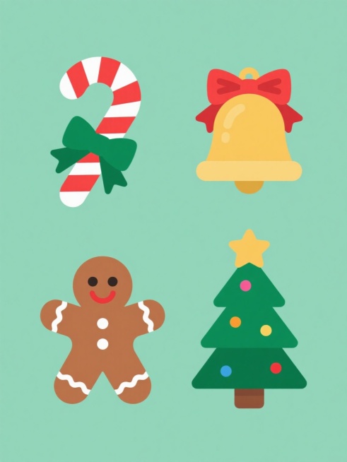 一系列4个不同圣诞元素的插画集合，每个元素均采用简约扁平风格，轮廓清晰，色彩鲜明，无渐变和复杂光影，纯色背景。元素包括：1. 红白条纹圣诞拐杖糖配绿色蝴蝶结，2. 金色铃铛系红色丝带，3. 棕色姜饼人带白色糖霜装饰，4. 绿色圣诞树顶星配彩色小装饰球。所有元素规整排列，保持相同的设计风格和视觉统一性，每个元素色彩方案与原风格协调但各具特色。预览效果
