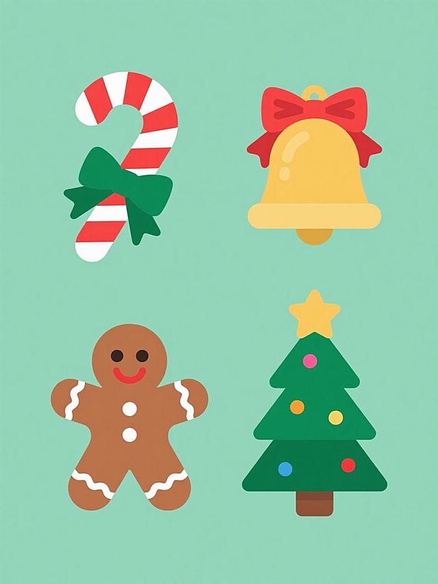 一系列4个不同圣诞元素的插画集合，每个元素均采用简约扁平风格，轮廓清晰，色彩鲜明，无渐变和复杂光影，纯色背景。元素包括：1. 红白条纹圣诞拐杖糖配绿色蝴蝶结，2. 金色铃铛系红色丝带，3. 棕色姜饼人带白色糖霜装饰，4. 绿色圣诞树顶星配彩色小装饰球。所有元素规整排列，保持相同的设计风格和视觉统一性，每个元素色彩方案与原风格协调但各具特色。