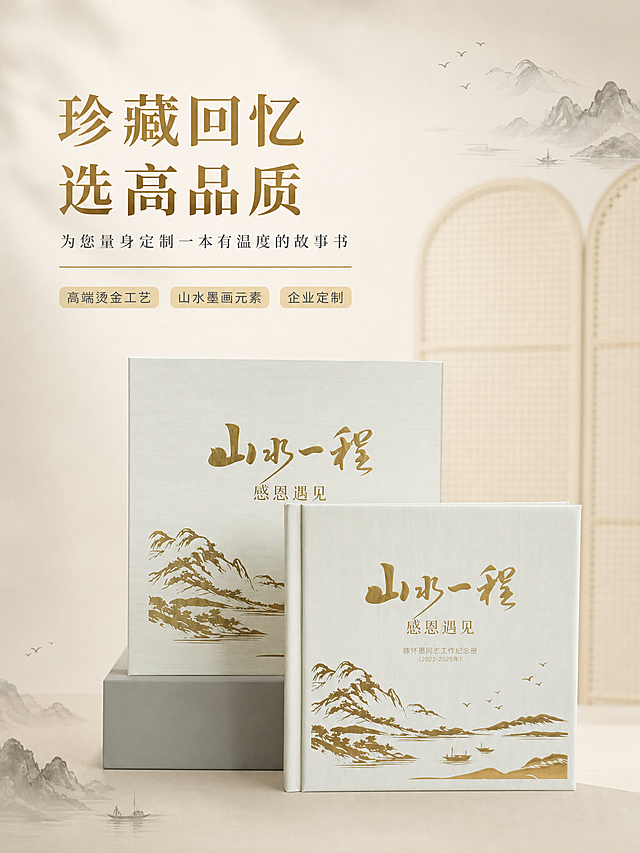 淘宝天猫电商主图，新中式轻古典高级感风格。画面主体为两本白色烫金山水图案的方形纪念册（礼盒装），前方一本稍小、后方一本稍大叠放于灰色底座上，纪念册外观、材质、烫金山水图案、字体与输入产品图保持完全一致，杜绝变形和色差，精细化处理。纪念册尺寸约30×30cm，比例方正准确。背景为淡雅浅米色渐变，右上角和左下角点缀极淡的水墨山水晕染痕迹（远山、轻舟、飞鸟的写意水墨剪影），占比约15%，点到为止不抢主体。背景深处隐约可见浅木色藤编屏风轮廓，虚化处理。画面左侧和上方留出负空间用于文字排版。商品主体占画面约65%，居中偏右下摆放。光影为柔和自然光，左上主光，右侧辅光，烫金部分有细腻高光，整体通透温润，高级耐看。左上区域文字排版：主标题大字“珍藏回忆 选高品质”，烫金色粗体宋体，字号最大；副标题“为您量身定制一本有温度的故事书”，深灰色细体，字号约为主标题的一半，位于主标题下方；标题下方加一条细金线分隔，再下方排列三个小卖点标签：“高端烫金工艺”“山水墨画元素”“企业定制”，每个标签为浅金底深灰字圆角小矩形。文字全部清晰可读，不遮挡纪念册主体。整体配色：主色米白+浅灰，辅色烫金，点缀水墨灰。3:4竖版比例，超高清商业摄影质感，画面干净高级。负向提示：变形，文字错乱，产品模糊，背景杂乱，水印，电商平台Logo，人物，多余的手，色彩过艳。