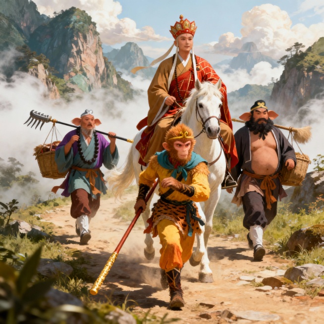 西游记师徒四人，唐僧骑着白马，孙悟空手持金箍棒在前方探路，猪八戒扛着九齿钉耙，沙僧挑着担子，四人行走在取经路上，背景是山峦和云雾，整体风格奇幻，色彩鲜明预览效果