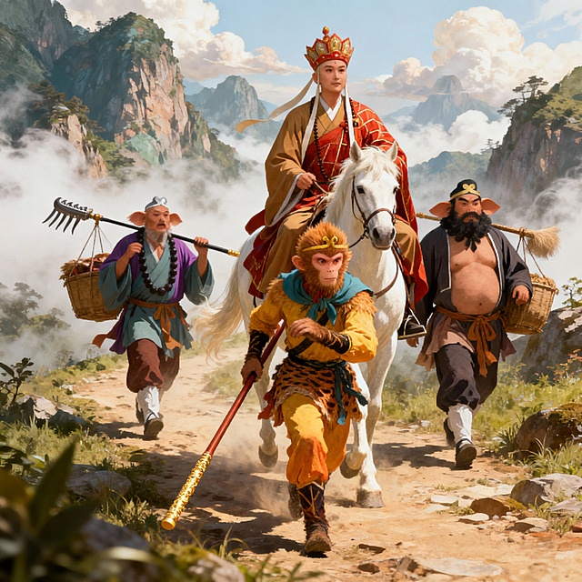 西游记师徒四人，唐僧骑着白马，孙悟空手持金箍棒在前方探路，猪八戒扛着九齿钉耙，沙僧挑着担子，四人行走在取经路上，背景是山峦和云雾，整体风格奇幻，色彩鲜明