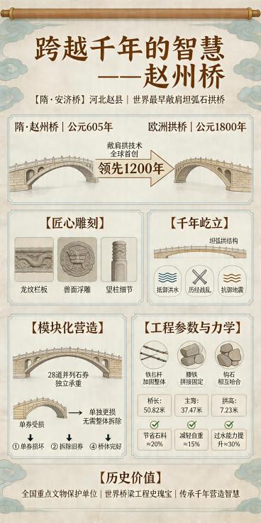 中国古代建筑成就主题，赵州桥信息可视化海报，竖版长幅学术展板，整体风格参考古风科普信息图，画面采用浅米色宣纸纹理背景、淡彩水墨、手绘插画、国风边框、卷轴元素、浅青灰和赭金配色，整体温润、清晰、雅致、具预览效果