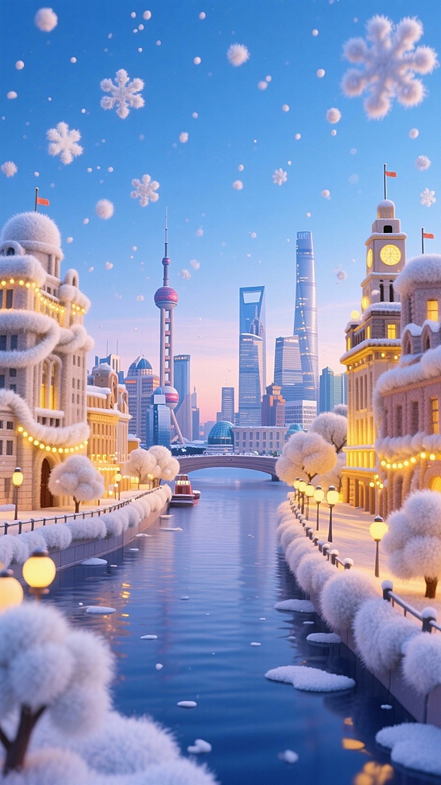 梦幻雪夜中的上海，毛发生长风与软3D结合，微缩艺术感十足，温馨灯光映衬卡通建筑，雪花飘落间尽显节日浪漫。
