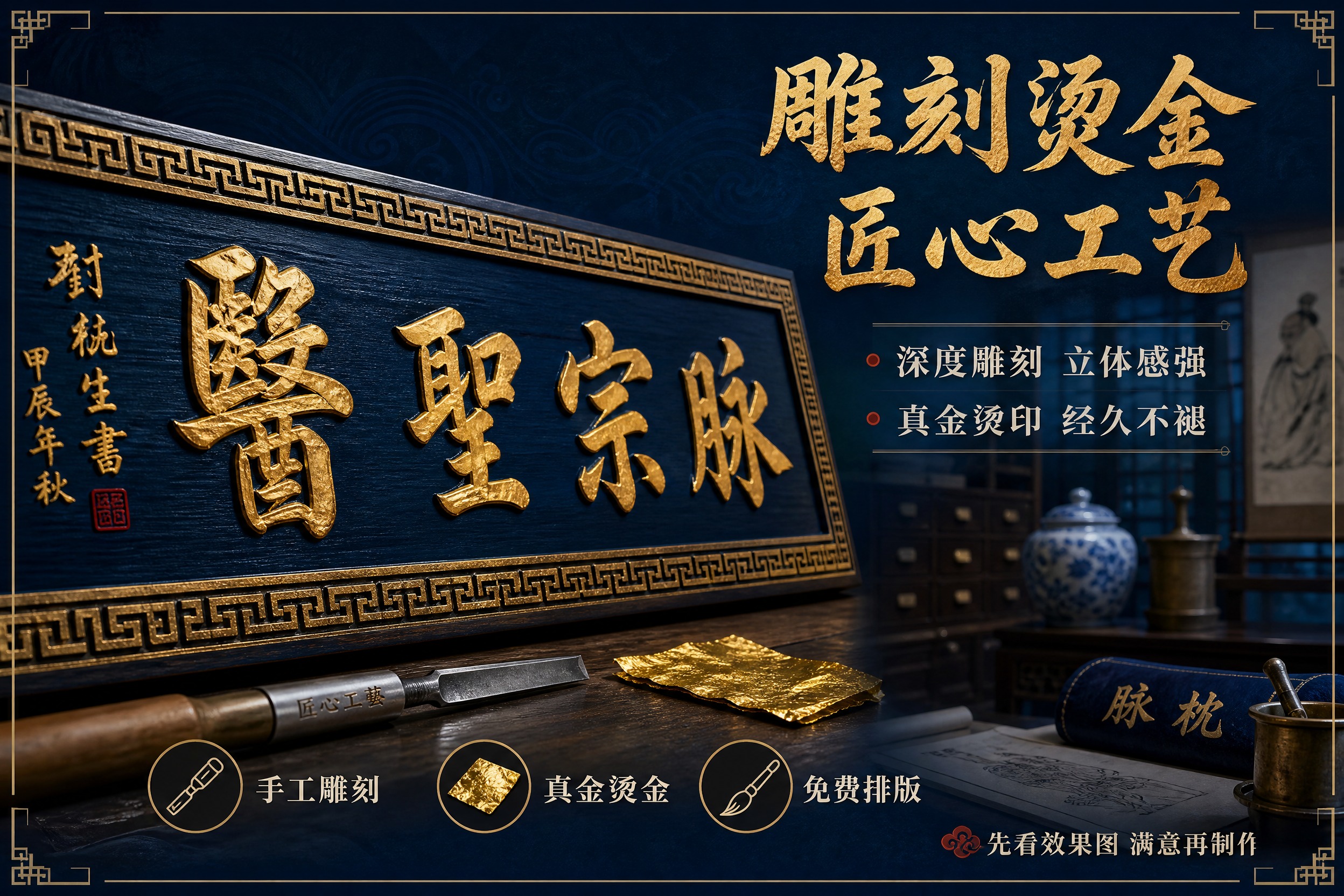 [主图-2] 实木牌匾定制 工艺细节卖点图，近距离展示雕刻与烫… - 图片创意预览