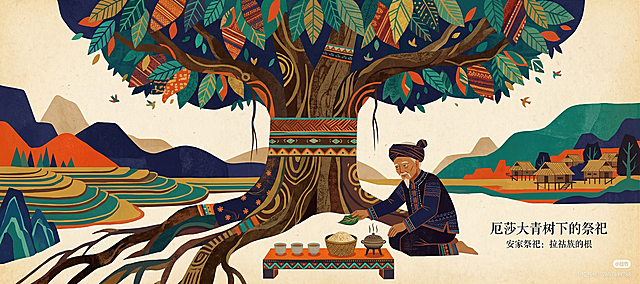 换全新构图，扁平民族绘本风格，巨幅厄莎大青树占据画面核心，树下仅一位拉祜族族老摆放简单祭品进行祭祀，整体简洁概括，突出大青树和拉祜族安家祭祀的故事主题，遵循参考图的扁平民族绘本风格和传统拉祜配色