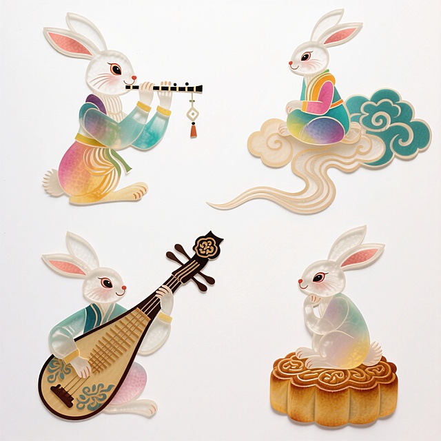 4个明亮的彩色拟人化玉兔素材（2X2规整排布），带有不同动作：1、吹笛子，2、坐在祥云上，3、弹琵琶，4、坐在月饼上。纯白色背景