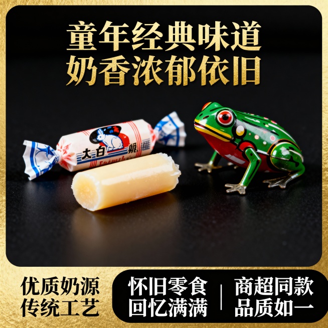 这张图片是产品主体这款产品是上海冠生园大白兔奶糖 我需要设计20张主图在拼多多上面售卖    主图场景布局可以用 等设计一个高级一些主图文案内容  甄选内蒙古黄金奶源带的优质鲜奶 奶香浓度比普通奶粉高预览效果