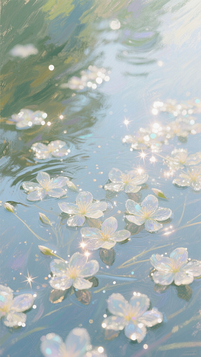 湖面铺满玲珑剔透、透明的花朵，花瓣的脉络清晰，俯视镜头，光影，浅色的水