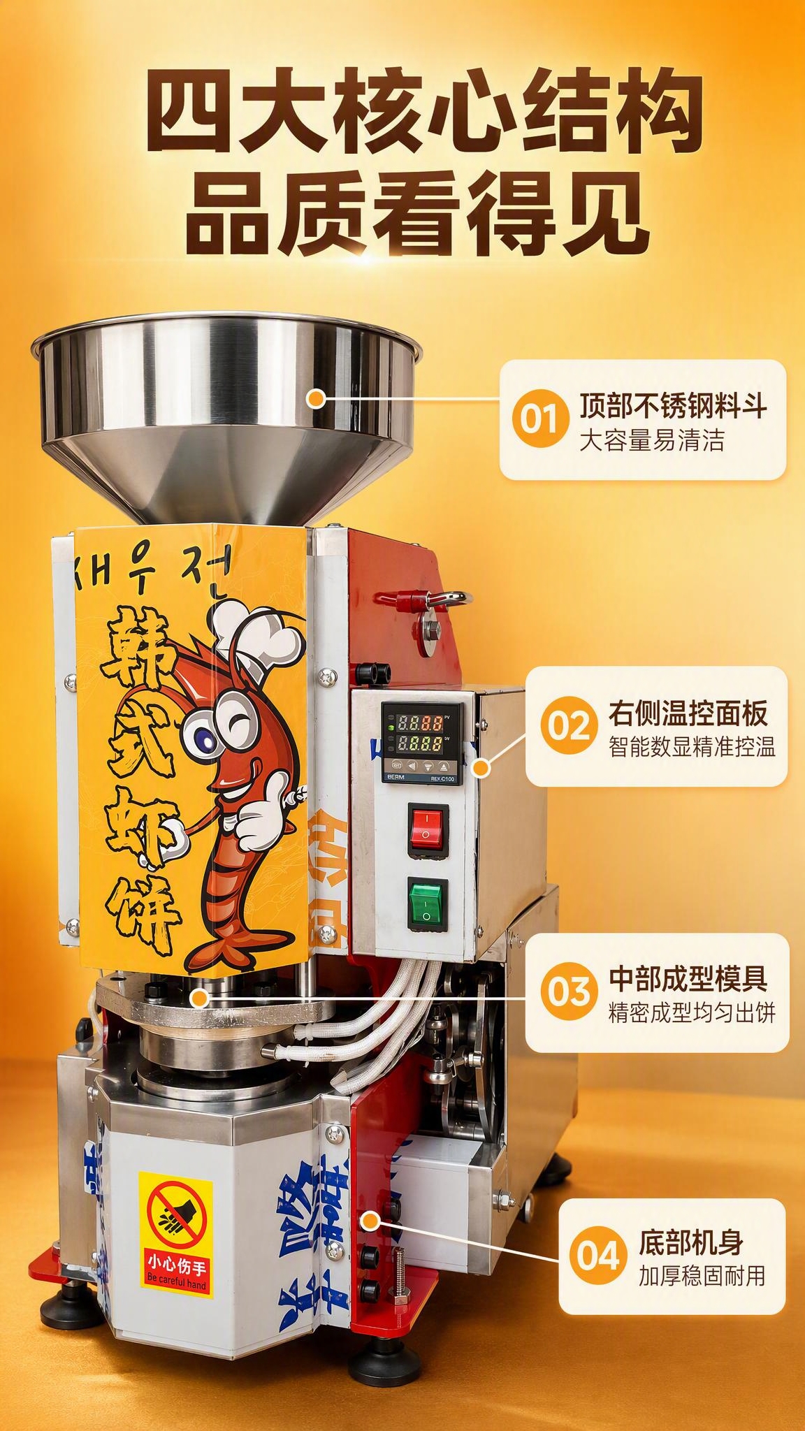 电商详情页结构解析图，韩式虾饼机整机正面居中偏左，用细线引线标… - 图片创意预览