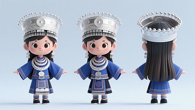 设计一个苗族小女孩的IP形象，穿着苗族传统服饰，为方襟大袖摆样式，具有浓郁民族特色，整体造型富有层次感服饰为蓝色，姿态活泼 ，头戴银冠造型华丽，上面布满精致花纹和装饰，边缘悬挂着银质流苏、银项圈多层佩戴，大小不一，长发垂于身后