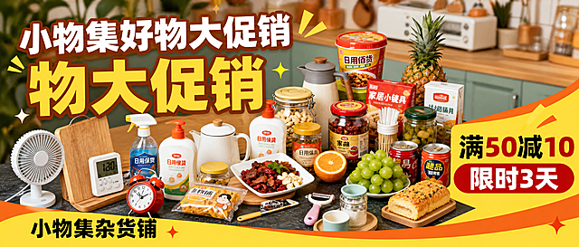 把这张小物集好物大促销促销海报调整尺寸为950宽300高，保留所有文字和促销信息，重新生成适配该尺寸的海报，保持风格不变，文字排版适配横幅尺寸