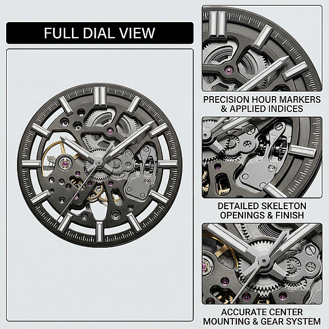 Amazon cross-border e-commerce main image, the third image of the set. The overall layout is three small pictures on the right and main picture on the left. Left main picture is complete dial, three small pictures on the right sequentially show close-ups of: 1. scale detail, 2. hollow opening cutting, 3. center mounting hole. All pictures share a light gray background, the overall layout is neat, each detail picture corresponds to the selling point text, professional and clear, product details are consistent with the original reference picture.