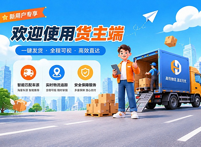 去掉底部的橙黄色渐变区域和右下角的二维码占位方块，将画面底部替换为与上方一致的蓝天白云城市道路背景，使整个画面底部自然过渡，没有黄色区域和二维码。保持画面上方所有元素不变：新用户专享标签、欢迎使用货主端主标题、一键发货全程可视高效直达副标题、三个卖点图标及文字、货主人物、货运卡车、货物、城市建筑、纸飞机、飞翔的包裹等全部保留。整体风格保持3D卡通插画风格，色彩明亮活泼。