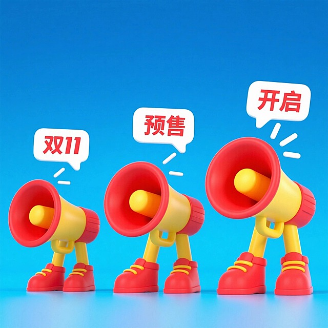 3个黄红配色小喇叭（主体黄色，喇叭口红色，有黄色小腿与红色鞋子）依次在平面上排列；每个小喇叭上方有白色对话气泡和线条，营造说话氛围，每个气泡从左至右依次是红色的文字：“双11”“预售”“开启”；每个扩音器大小不一。背景为简洁空间，适当留白，天蓝色背景，营造出萌趣质感，面朝镜头