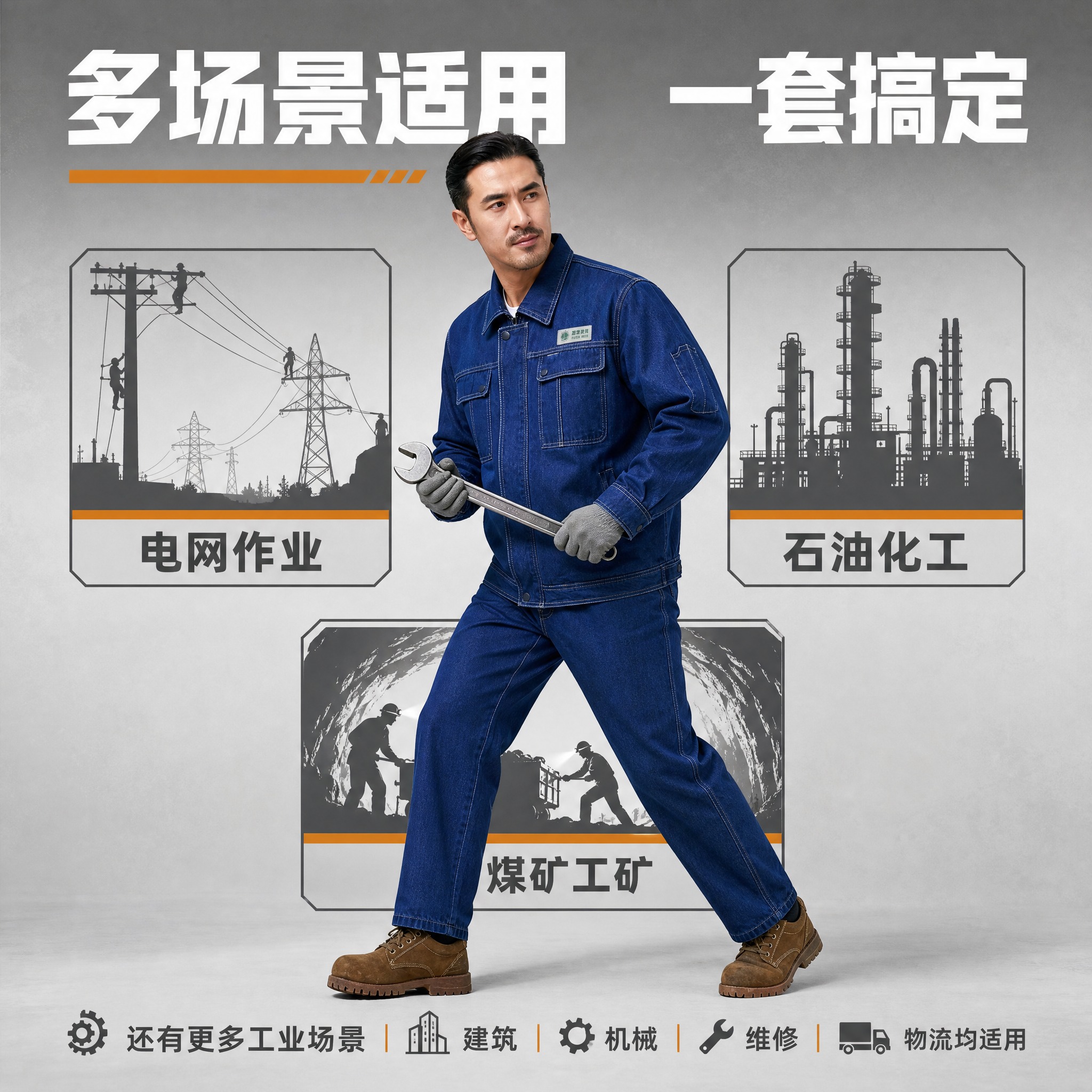 [主图-3] 多场景适用展示图，展示牛仔工作服在电网、石油、煤… - 图片创意预览