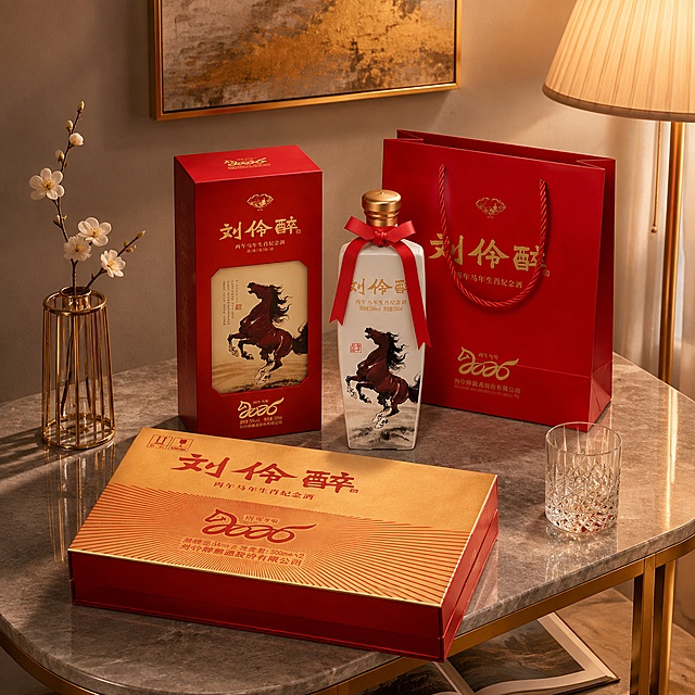 超写实白酒产品场景摄影。
主体：刘伶醉马年生肖纪念白酒（含酒瓶、红色包装盒、红色手提袋、双瓶礼盒）严格参照上传产品图，完整保留所有可见组件、轮廓、结构、比例、材质、颜色与产品本体上的文字信息（logo、品名、骏马图案、红色丝带、金色瓶盖），与上传图完全一致；自然融入场景光影，与场景共处同一物理空间。产品占画面55%，完整不裁切，中远景构图，背景无其他同类白酒产品。
构图：对角线构图，45°俯拍。
风格：轻奢新中式。
场景：现代轻奢客厅大理石边几，黄昏暖光。
空间：①背景，浅灰色艺术漆墙面，挂一幅金色抽象装饰画；②承载面，浅灰色大理石边几，金色金属支脚；③右侧，一盏轻奢落地灯，米白灯罩。
陈列：①边几中央偏左，刘伶醉红色包装盒直立；②包装盒右侧，白酒瓶优雅立着，红色丝带自然垂落；③酒瓶后方，红色手提袋斜靠墙面；④前景，双瓶礼盒平躺展示。各产品之间留有合理物理空间，无穿模重叠。
软装：①边几左侧，一只金色金属花瓶，插两支白色腊梅；②边几右侧，一只水晶玻璃威士忌杯，空杯；③边几下层，一本精装画册摊开。
配色 / 材质：中国红 / 大理石灰 / 鎏金 / 米白 / 水晶透明；玻璃 / 纸质包装 / 大理石 / 金属 / 水晶 / 丝绸。
光影：主光从右侧落地灯与窗外黄昏余光混合，暖金色，照亮瓶身与包装盒；辅光为左侧环境反射，大理石台面有产品倒影；整体轻奢温暖，光影层次丰富。
参数：4K 写实光追，商业产品摄影质感。严格锁定宽高比为 1:1。
不得出现日期、地址信息，不得违反广告法。