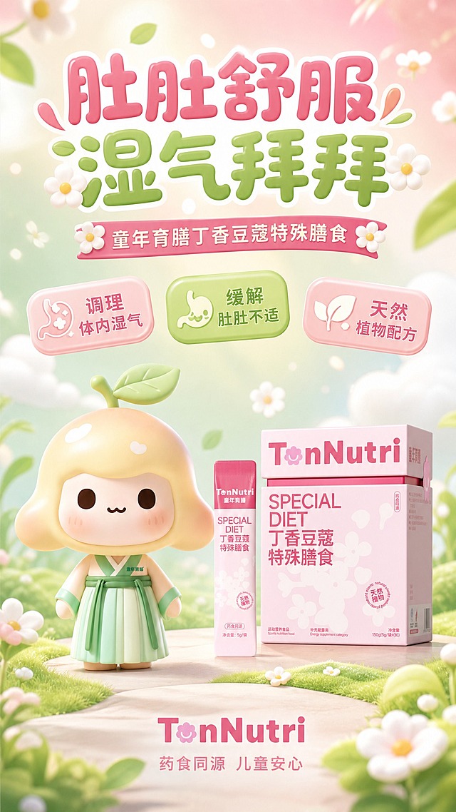 3D卡通C4D治愈风格儿童营养膳食产品海报，竖版9:16。画面中央偏下位置摆放童年育膳丁香豆蔻特殊膳食产品（粉色包装盒+粉色条装），产品左侧站着可爱的3D卡通IP形象（头顶绿叶的浅黄头发小女孩，穿浅绿色汉服裙），IP形象与产品互动，温馨治愈。背景为柔和的粉绿色渐变，点缀漂浮的白色小花、绿叶、柔和光斑和云朵元素，营造清新温暖的儿童友好氛围。顶部大标题文字："肚肚舒服 湿气拜拜"，副标题："童年育膳丁香豆蔻特殊膳食"。画面中部两侧分布三个圆角卖点标签："调理体内湿气"、"缓解肚肚不适"、"天然植物配方"。底部有品牌标识"TonNutri"和"药食同源 儿童安心"小字。整体风格圆润可爱，C4D立体渲染，柔和光影，马卡龙色系，治愈温暖，版式精美，文字清晰可读，四周留足安全边距。产品100%还原上传商品图的外形、包装、LOGO、印刷文字，完整保留原图中的盒型、条装形态、品牌logo、文字信息、粉色配色与正面朝向。IP形象100%还原上传图的造型、颜色、服饰与可爱表情。画面中所有信息区域必须填充完整合理的内容，不得出现空白框或占位。