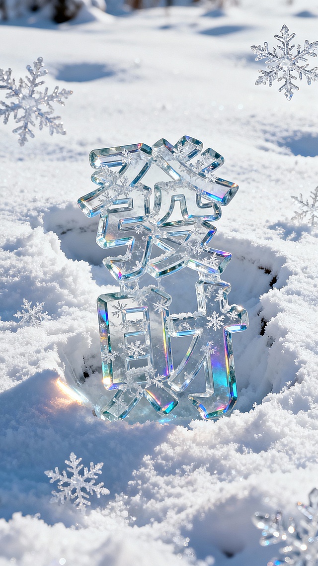 背景是皑皑白雪个别特写的雪花：前景是晶莹剔透“发财”蓬松雪花繁体字，冰雕雪花纹理描边，多层冰块玻璃质感叠加有一定厚度，重重的扎在松软白茫茫的雪地里，文字四周有深深的凹痕，有道光线照射在边缘上，文字折射出彩色光泽。画面清透明亮极致高清