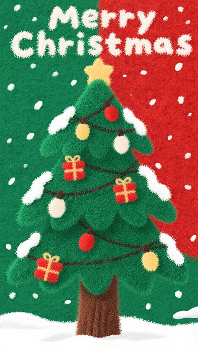 毛发生长风软3D插画，圣诞树点缀礼物与彩灯，红绿撞色背景营造喜庆氛围，卡通感十足的节日贺图。