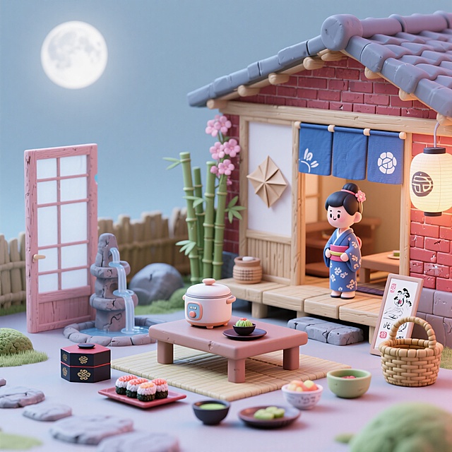 一个怀旧风格的农舍造型装置，外观为红砖一个极简风格的京都茶室造型装置，外观为浅色竹木纹理搭配靛青色布艺幛子门，装置上有折纸灯笼、樱花雕刻和竹流水装饰。将迷你电饭煲放置在茶室中央的矮几上，画面添加一个穿和服的卡通茶师形象，周围布置寿司拼盘、抹茶碗、漆器食盒等日式元素，以及浮世绘风格优惠券、竹编购物篮等雅致购物元素，背景为庭院枯山水，月光透过纸门映出朦胧光影，青灰色与藕粉色调对比