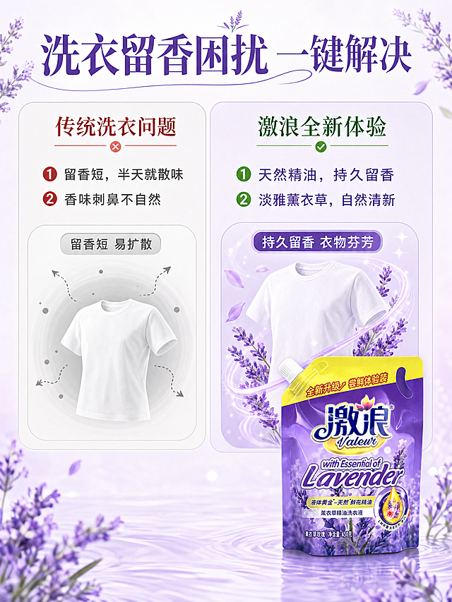 [第2屏] 痛点对比屏，传统洗衣痛点与激浪薰衣草洗衣液解决对比。
[氛围/风格] 清晰对比风格，浅紫调，商业图文排版，简洁易懂。
[元素布局] 左右分栏对比布局，总占比画面90%。左侧为使用前痛点，右侧为使用后解决效果。本屏使用【图1】作为产品主体放在右下角，不遮挡对比文案。左侧痛点区域展示"留香短 易扩散"小图示意，右侧展示"持久留香 衣物芬芳"效果。保持产品外观、包装结构、文字颜色与原图一致。背景加入淡薰衣草底纹，整体干净通透。
[光影质感] 均匀布光，左右对比区域亮度一致，文字清晰，产品边缘锐利。
[配色色系] 全局底色 #F8F5FC；左侧痛点区浅灰调，右侧解决区浅紫调；文字深紫色为主，痛点用浅红色标注，优势用绿色标注。
[视角构图] 平视，左右等分构图，信息分区明显，阅读动线从左到右。
[文字版式] 顶部总标题居中："洗衣留香困扰 一键解决"，左栏标题红色："传统洗衣问题"，痛点点：1. "留香短，半天就散味" 2. "香味刺鼻不自然"；右栏标题绿色："激浪全新体验"，卖点：1. "天然精油，持久留香" 2. "淡雅薰衣草，自然清新"。产品图放在右下角，不遮挡文字。字体清晰，移动端可读。
[比例分辨率] 3:4竖版，4K分辨率，文字清晰可辨。
[负向提示词] 产品变形，文字错乱，对比模糊，颜色偏差，水印，背景杂乱