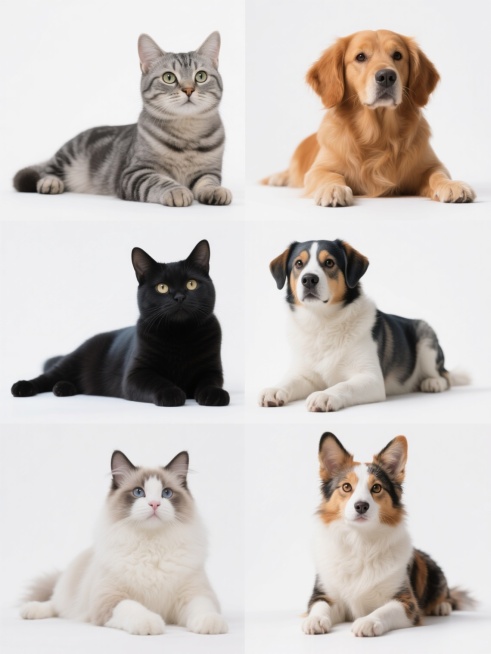 超写实风格动物肖像组合，纯白色背景以突出主体，六组不同品种的猫与狗并排呈规整网格状分布，间距均匀，整体构图对称平衡。每组均为一只猫和一只狗，品种各不相同，姿态统一为趴卧姿势，前爪自然伸展，头部微微抬起面向前方，眼神明亮有神，表情温顺可爱。动物毛发细节清晰，呈现真实的质感与光泽，毛色保持自然真实的色调：灰色虎斑猫搭配棕色柯基犬、橘猫搭配金毛犬、黑猫搭配萨摩耶犬、布偶猫搭配哈士奇、英短蓝猫搭配柴犬……预览效果