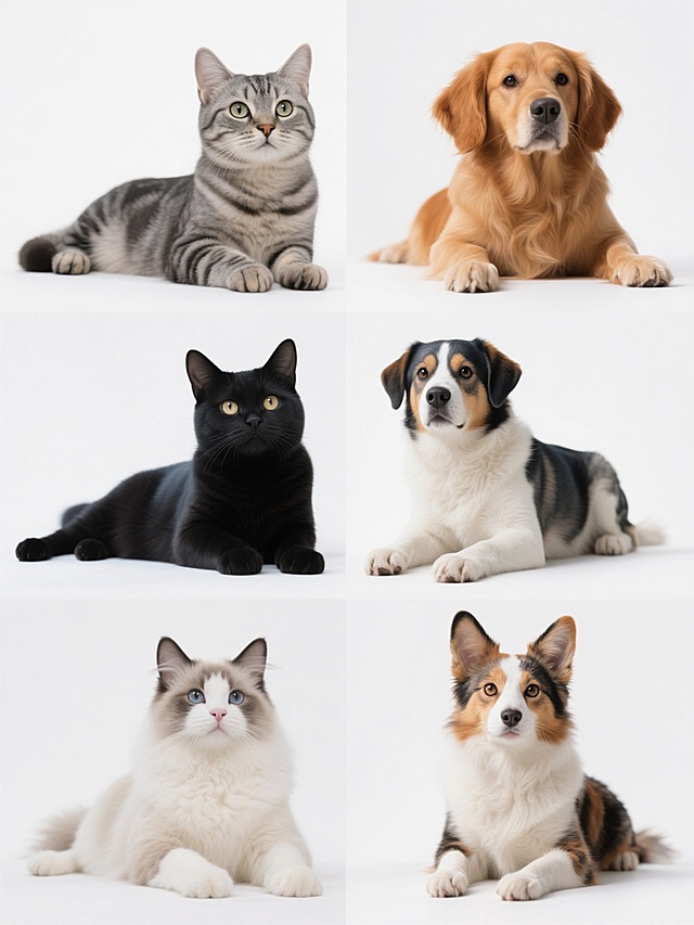 超写实风格动物肖像组合，纯白色背景以突出主体，六组不同品种的猫与狗并排呈规整网格状分布，间距均匀，整体构图对称平衡。每组均为一只猫和一只狗，品种各不相同，姿态统一为趴卧姿势，前爪自然伸展，头部微微抬起面向前方，眼神明亮有神，表情温顺可爱。动物毛发细节清晰，呈现真实的质感与光泽，毛色保持自然真实的色调：灰色虎斑猫搭配棕色柯基犬、橘猫搭配金毛犬、黑猫搭配萨摩耶犬、布偶猫搭配哈士奇、英短蓝猫搭配柴犬、三花猫搭配边境牧羊犬，每组色彩对比和谐，视觉效果统一且富有变化，专业摄影级高清画质，光线明亮柔和，突出动物的真实细节与可爱神态。