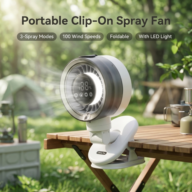 [Main Image 2] Outdoor camping scene display for portable spray fan. The overall style is fresh outd预览效果