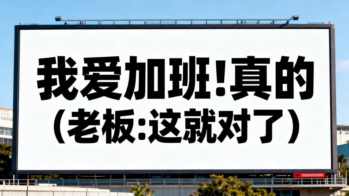 横版，参考图片户外大屏风格，纯底色背景，加粗大号字体，文案文字：我爱加班!真的 (老板:这就对了）。排版居中对齐，清晰醒目。预览效果