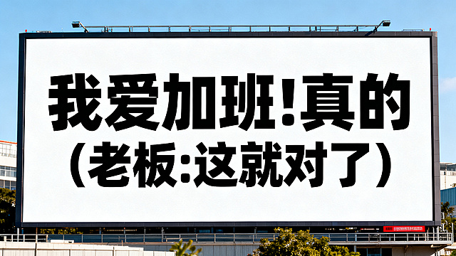 横版，参考图片户外大屏风格，纯底色背景，加粗大号字体，文案文字：我爱加班!真的 (老板:这就对了）。排版居中对齐，清晰醒目。