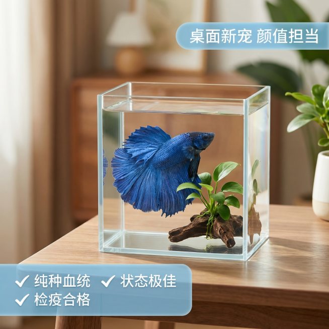 [主图 3] 
[主图主题] 泰国斗鱼入缸展示
[氛围/风格] 自然清新水族风，生动鲜活，居家氛围感
[画面元素] 保持这只泰国斗鱼半月大蓝袍的外形和颜色完全不变，斗鱼在北欧风桌面小型玻璃鱼缸中游动，预览效果
