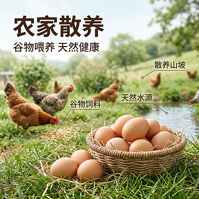 [主图主题] 农家散养谷物鸡蛋产地溯源
[氛围风格] 田园整洁自然风，户外自然光，新鲜真实感
[画面元素] 前景摆放多枚完整农家鸡蛋，背景是户外散养土鸡的农家田园，青草地上几只土鸡在觅食，采用虚实结合，前景清晰背景虚化，突出鸡蛋产品同时展示产地散养环境，整体干净整洁自然
[配色色系] 主色调：暖米黄（鸡蛋）+翠绿色（草地）；辅助色：原木色，整体清新自然
[视角构图] 平视前景鸡蛋，景深足够，背景全屏无边框
[文字版式] 左上角主标题大字号 "农家散养"，副标题 "谷物喂养 天然健康"，画面中心用纤细引线分别标注 "谷物饲料" "天然水源" "散养山坡" 三个卖点，文字为深棕色无衬线体，不遮挡鸡蛋主体
[比例分辨率] 2k分辨率