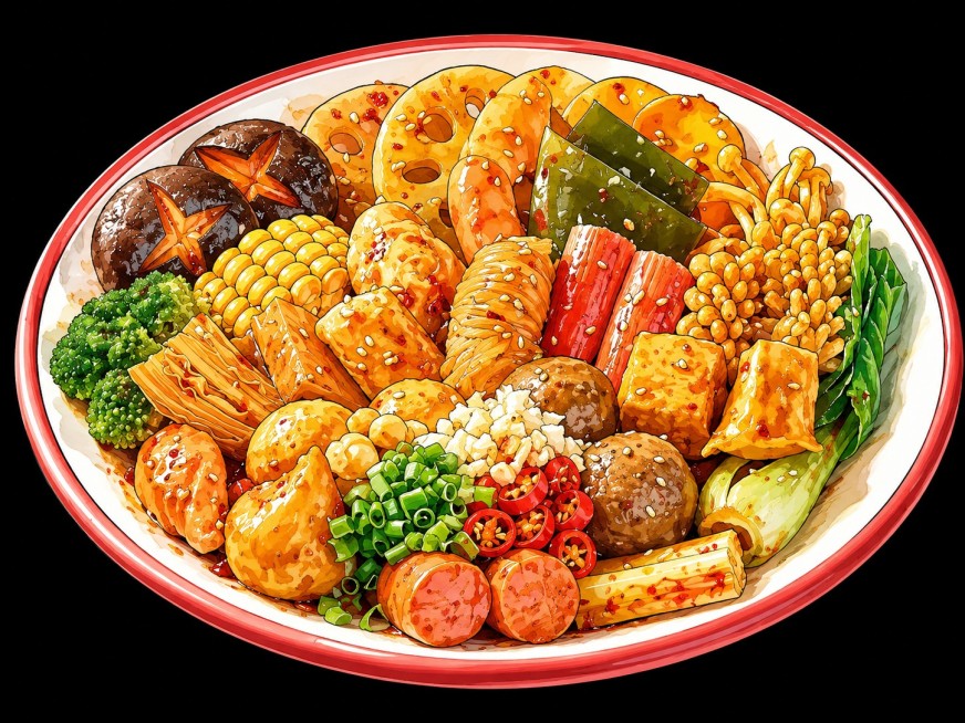 将这盆麻辣香锅转换为插画风格，保留原菜品的构图和食材预览效果