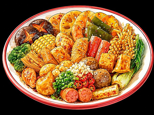 将这盆麻辣香锅转换为插画风格，保留原菜品的构图和食材
