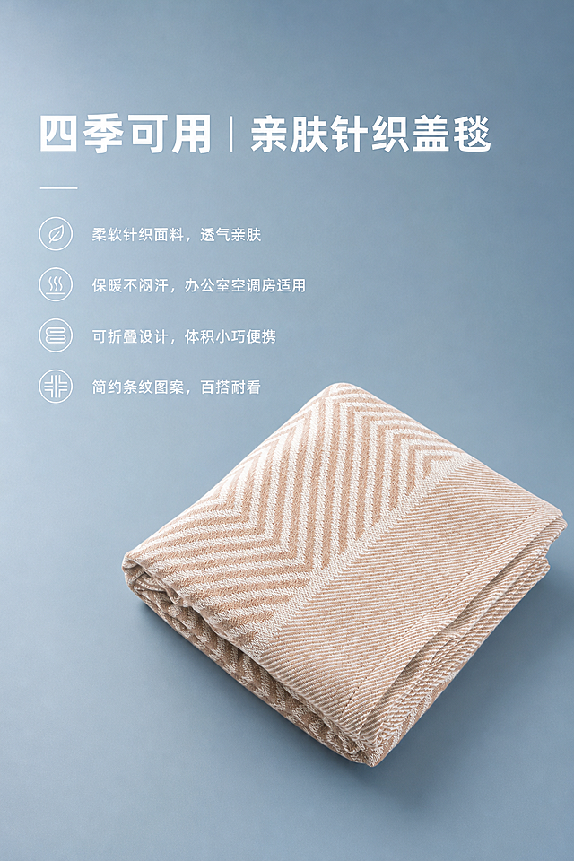 重新设计亲肤针织盖毯详情图：简洁风格，雾霾蓝色背景，突出产品主体。添加文案：【四季可用｜亲肤针织盖毯】- 柔软针织面料，透气亲肤 - 保暖不闷汗，办公室空调房适用 - 可折叠设计，体积小巧便携 - 简约条纹图案，百搭耐看。文字排版简洁清晰，使用白色或浅灰色字体，位置合理不遮挡产品主体。